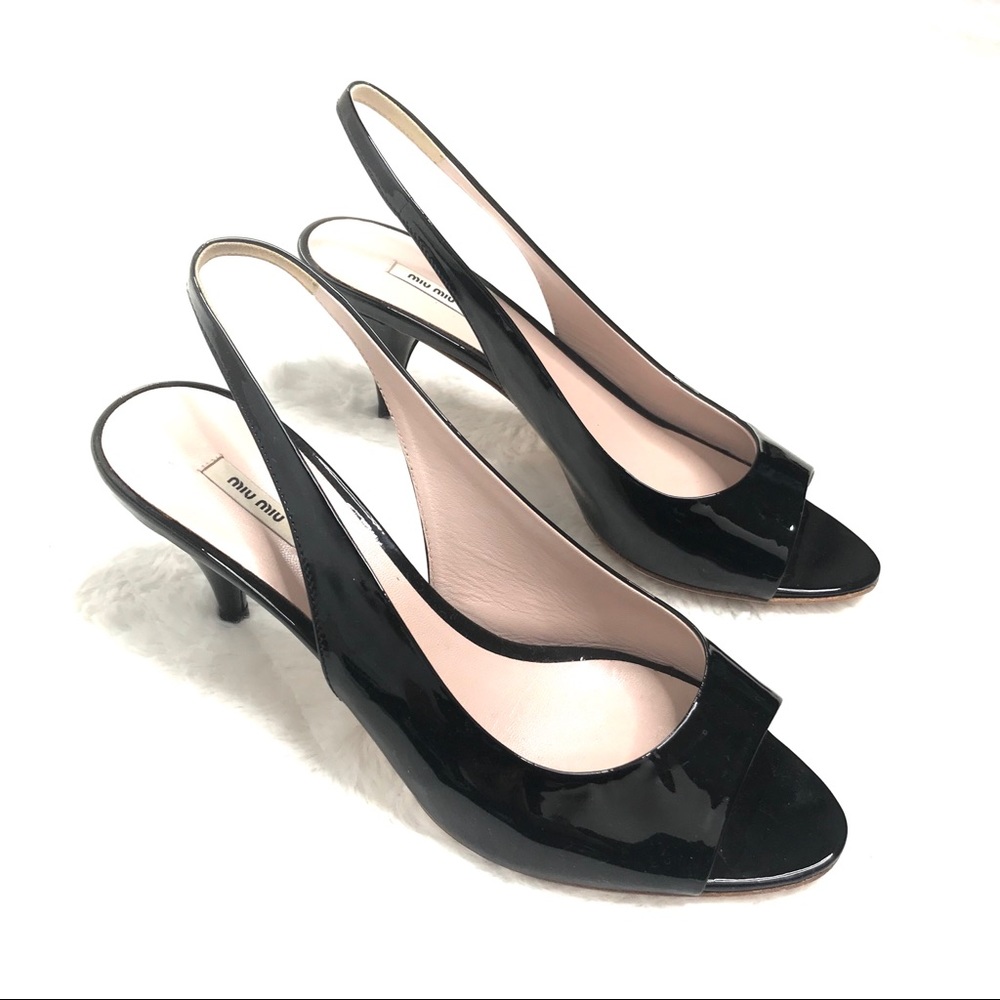 Miu Miu Black Patent Leather Sling Back Heels